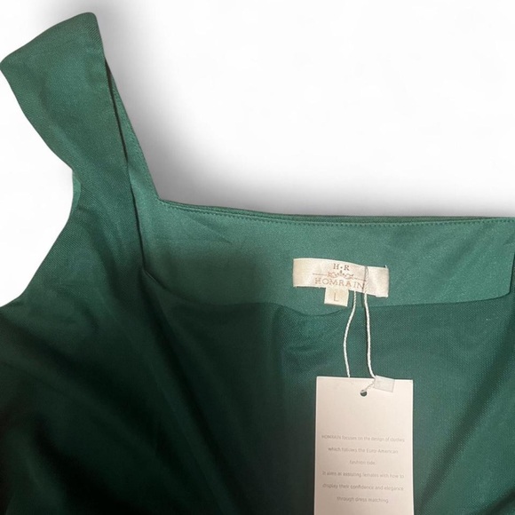 Homrain Green Ruched Bodycon Midi Square Neck Ruched Cocktail Midi Dress - Picture 2 of 6